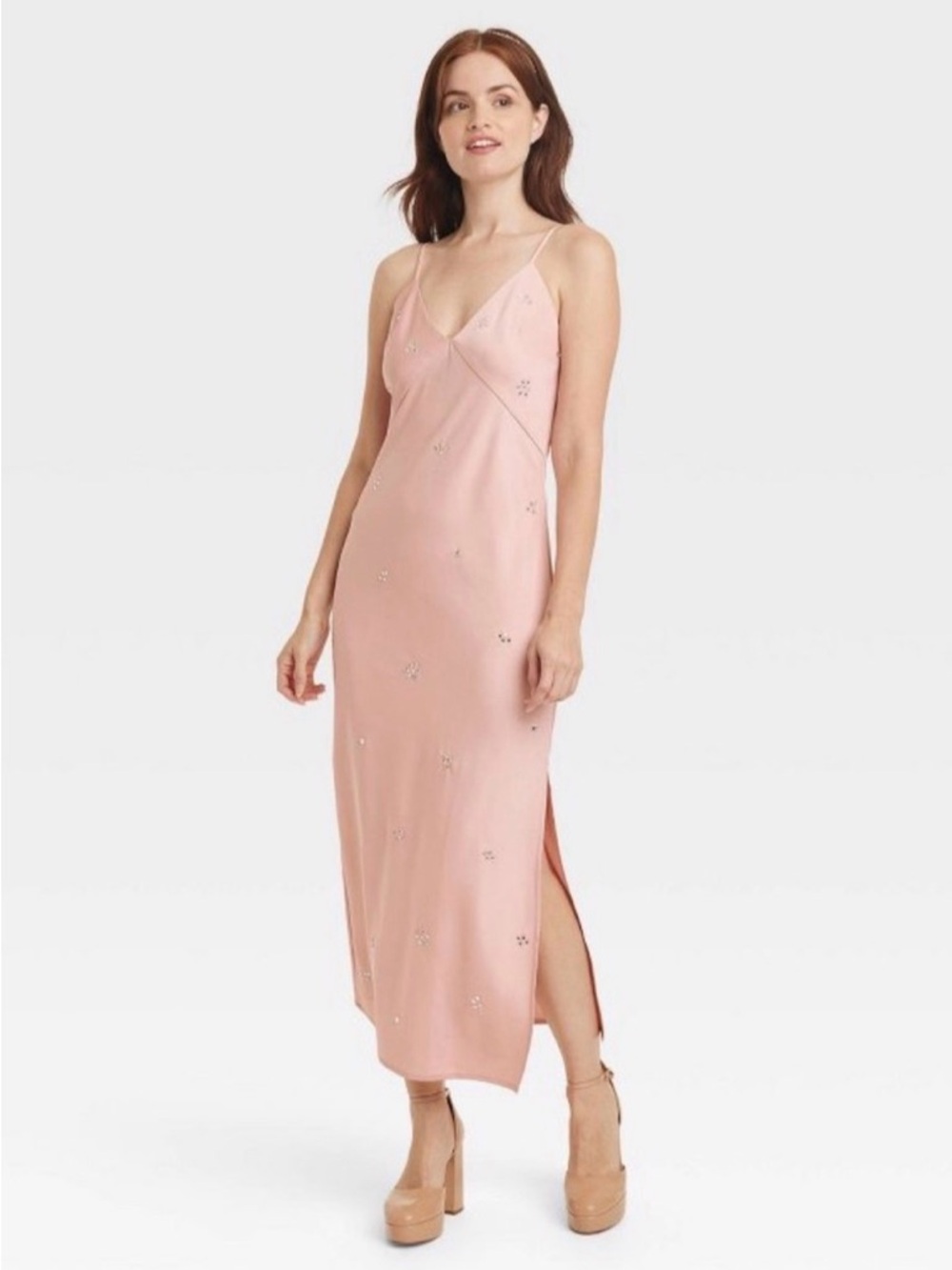 a new day Blush Pink Satin Rhinestone Embellished Midi Slip Dress Size XL NWT